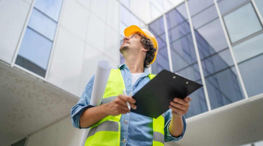 Inspector stand outdoors in front of modern building with protective helmet on head and documents in hands looking around.